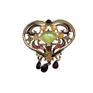Gold Plated Enamel Heart Center Green Chalcedony Dangle Glass Rhinestone Accents